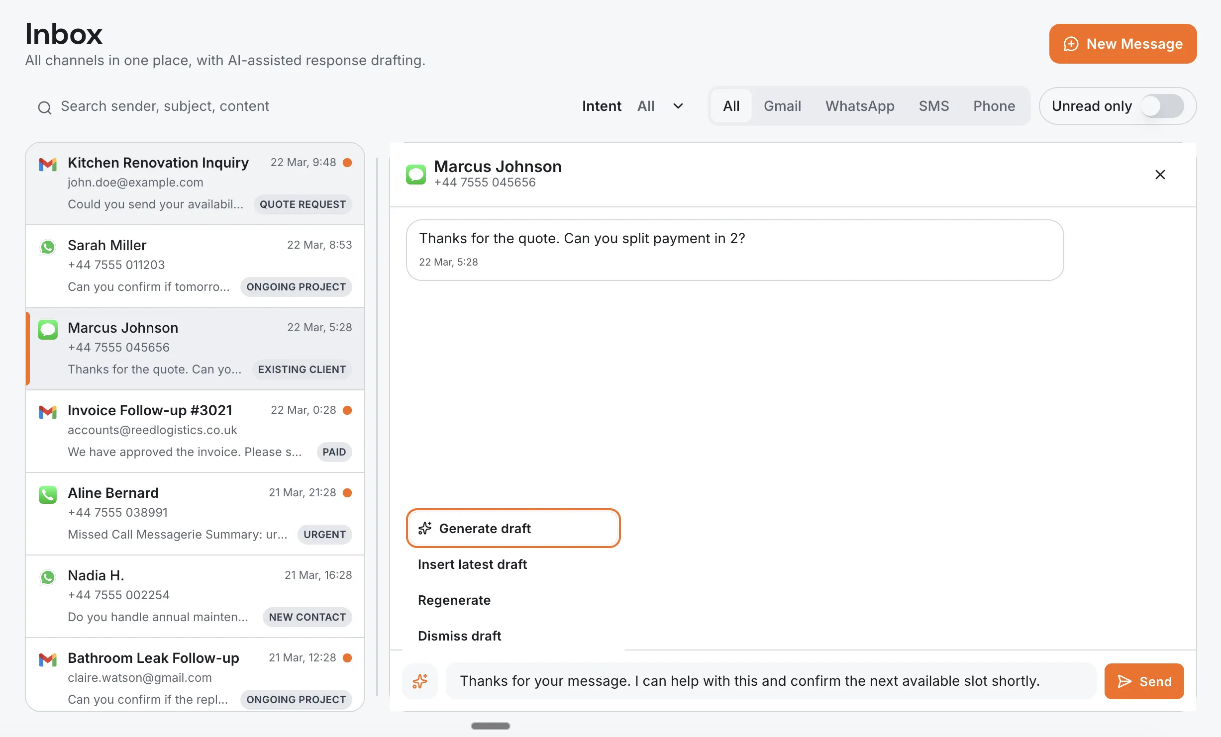 Dawn AI drafting a response to a customer message